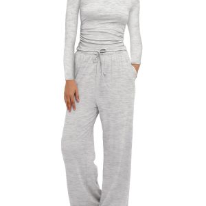 Barman Women 2 Piece Loungewear Set Ruched Long Sleeve Top Drawstring High Waist Wide Leg Pants Outfit