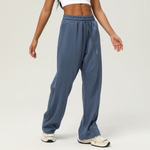 Barman Women's Drawstring Elastic Waist Seam Detail Wide Leg Casual Sweat Pants