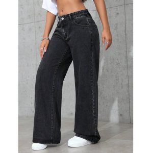 Barman Women's Black Washed High Waist Wide‑Leg Denim Jeans Casual Long Trousers