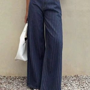 Barman Women's High Waist Striped Wide‑Leg Denim Jeans Casual Long Pants