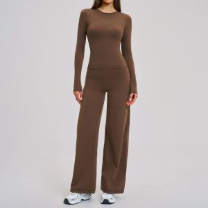 Barman Women 2 Piece Yoga Outfit Long Sleeve Thumb‑Hole Top High Waist Wide Leg Pants Workout Set