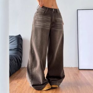Barman Women's Brown Vintage Washed Wide‑Leg Denim Jeans Casual Pants
