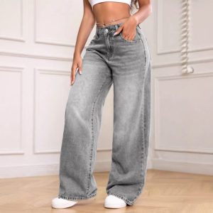 Barman Women's Grey Washed High Waist Wide‑Leg Denim Jeans Casual Pants