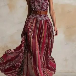 Barman Women Halter Neck Bohemian Maxi Dress Sleeveless Geometric Print Flowy Long Dress With Belt