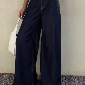 Barman Women's Dark Raw Denim High Waist Wide‑Leg Jeans Casual Long Trousers