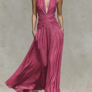 Barman Women Halter Deep V Backless Maxi Dress Ruched Flowy Long Dress With Pockets