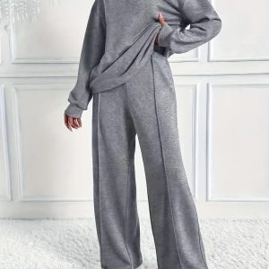 Barman Women 2 Piece Loungewear Outfit Crew Neck Long Sleeve Sweatshirt Wide Leg Pants Tracksuit Set