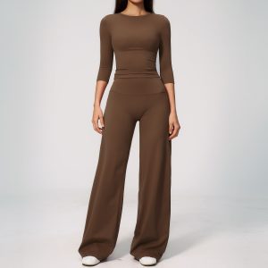 Barman Women 2 Piece Yoga Outfit 3/4 Sleeve Crop Top High Waist Wide Leg Pants Workout Tracksuit Set