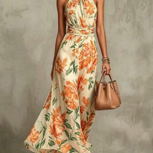 Barman Women Halter Neck Maxi Dress Sleeve‑Free  Waist Tie Flowy Ruffle Long Party Dress