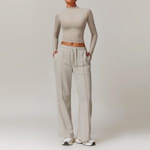 Barman Women 2 Piece Workout Outfit High Neck Long Sleeve Crop Top Drawstring Cargo Pants Tracksuit Set