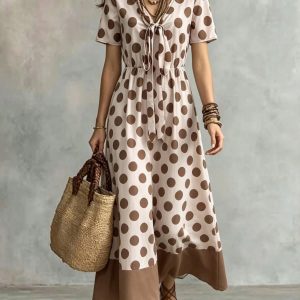 Barman Women Polka Dot Maxi Dress Short Sleeve V Neck Tie Waist Flowy Beach Vacation Long Dress