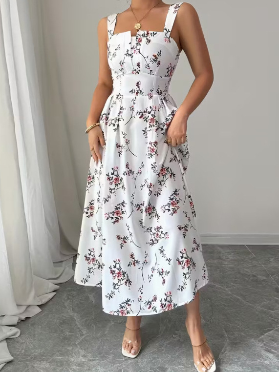 Barman Women’s Square Neck Spaghetti Strap Midi Dress Tiered Ruffle Dress With Pockets - Image 2