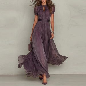 Barman Women Short Sleeve Chiffon Maxi Dress Keyhole Neck Belted Waist Formal Evening Party Dress