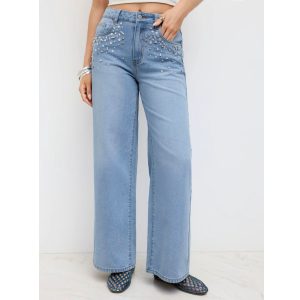 Barman Women's High Waist Rhinestone Decor Wide‑Leg Denim Jeans Long Pants