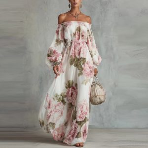 Barman Women One‑Sided Shoulder Long Sleeve Floral Maxi Dress Elastic Waist Flowy Bohemian Dress