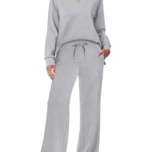 Barman Women 2 Piece Loungewear Set Collar V‑Neck Long Sleeve Top Drawstring Wide Leg Pants Tracksuit