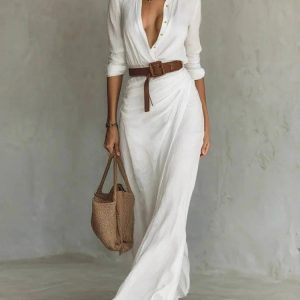Barman Women Lapel Button Down Maxi Dress 3/4 Sleeve Wrap Dress with Belt Casual Long Dress