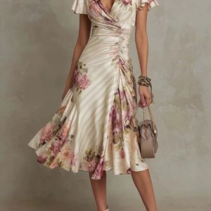 Barman Women Floral Midi Dress V Neck Flutter Short Sleeve Ruched Waist Elegant Casual Party Dress