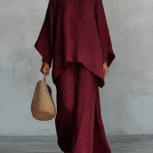Barman Women Linen 2 Piece Outfit Sleeve Irregular Top Wide Leg Palazzo Pants Set