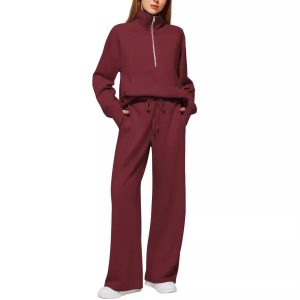 Barman Women 2 Piece Tracksuit Half Zip Cropped Sweatshirt Wide Leg Sweatpants Loungewear Set