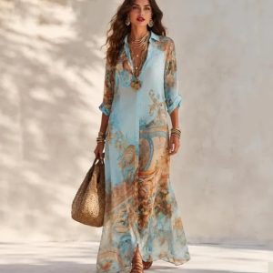 Barman Women Paisley Print Shirt Maxi Dress Lapel Button Down Long Dress