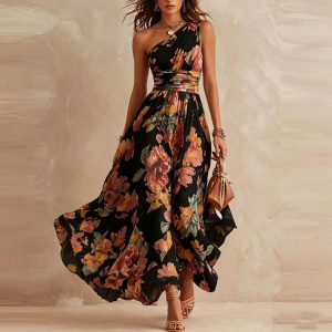 Barman Women One‑Sided Shoulder Floral Chiffon Maxi Dress Wrap Waist Flowy Ruffle Hem Wedding Guest Dress