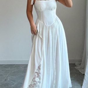 Barman Women Tie‑Strap Corset Midi Dress Square Neck Patchwork Flowy Maxi Dress