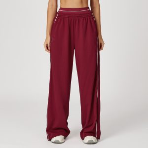 Barman Women's Elastic Waist Side Stripe Wide Leg Casual Workout Sweat Pants