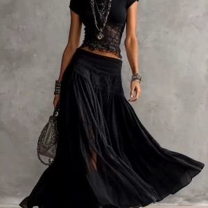 Barman Women Boho Lace Trim Two‑Piece Outfit Short Sleeve Crop Top Maxi Skirt Dress Set