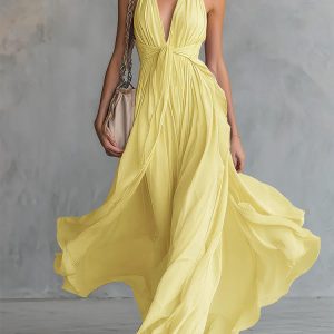 Barman Women Halter V Neck Chiffon Maxi Dress Sleeveless Flowy Split Beach Vacation Long Dress