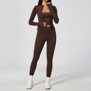 Barman Women's 3‑Piece Yoga Outfit Set Zip‑Up Jacket Tank Top High Waist Workout Leggings